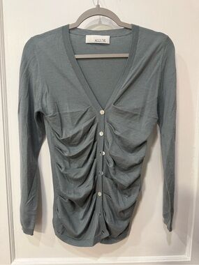 Allude V-Neck Blue Gray Ruched Button-Front Cardigan Sweater Cashmere EUC Sm